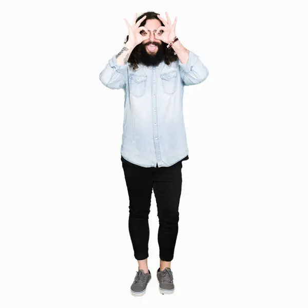 Young Hipster Man Long Hair Beard Wearing Glasses Doing Gesture — Stock Photo, Image