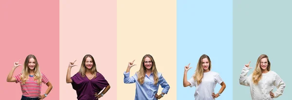 Collage Vacker Ung Kvinna Över Färgglada Ränder Isolerad Bakgrund Leende — Stockfoto