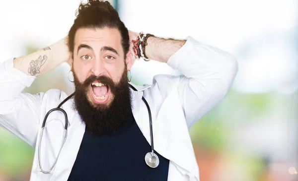 Doctor Long Hair Wearing Medical Coat Stethoscope Crazy Scared Hands — Stock Photo, Image