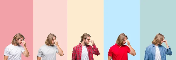Collage Van Jonge Knappe Man Kleurrijke Strepen Geïsoleerde Achtergrond Vermoeide — Stockfoto
