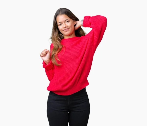 Μελαχρινή Νεαρή Όμορφη Γυναίκα Φοράει Κόκκινο Χειμώνα Πουλόβερ Πάνω Από — Φωτογραφία Αρχείου