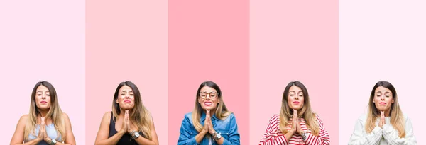 ピンクのストライプの上に若い美しい女性のコラージュは 非常に感情的で心配な顔に希望の表情と一緒に手で物乞いと祈りを分離した背景 許しを請う宗教概念 — ストック写真