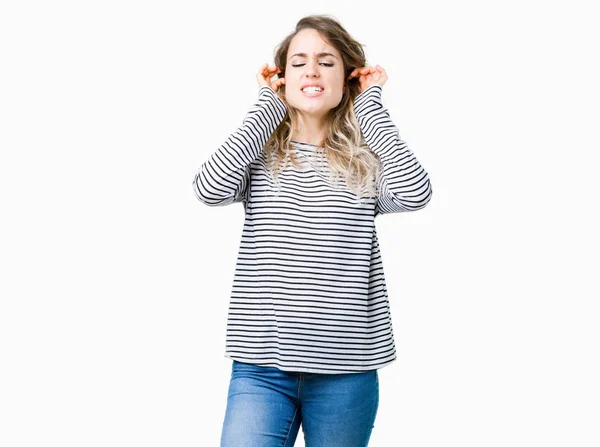 Beautiful Young Blonde Woman Wearing Stripes Sweater Isolated Background Covering — Stock Photo, Image