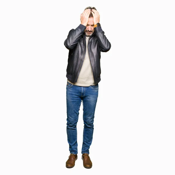 Middle Age Handsome Man Wearing Black Leather Jacket Suffering Headache — Stock Photo, Image