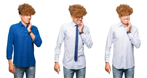 Collage Unga Bussines Man Med Lockigt Hår Bär Glasögon Över — Stockfoto