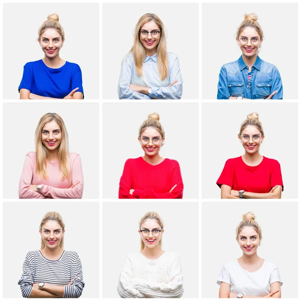 Collage Unga Vackra Blonda Kvinnan Över Vit Isolerade Bakgrund Glada — Stockfoto