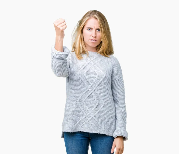 Beautiful Young Woman Wearing Winter Sweater Isolated Background Angry Mad — Stock Photo, Image