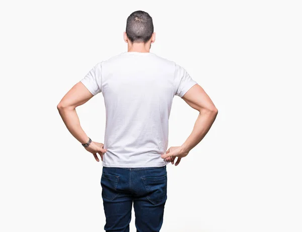 Hombre Guapo Con Camiseta Blanca Sobre Fondo Blanco Aislado Pie —  Fotos de Stock