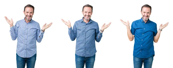 Colagem Homem Sênior Bonito Sobre Fundo Isolado Branco Sorrindo Mostrando — Fotografia de Stock