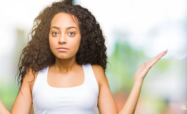 Young Beautiful Girl Curly Hair Clueless Confused Expression Arms Hands — Stock Photo, Image