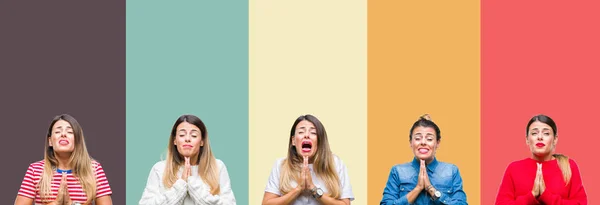 Colagem Jovem Mulher Bonita Sobre Colorido Vintage Isolado Fundo Implorando — Fotografia de Stock