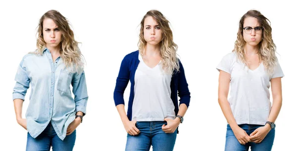 Collage Ung Vacker Blond Tjej Över Isolerade Bakgrund Pustande Kinder — Stockfoto