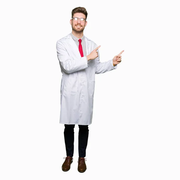 Young Handsome Scientist Man Wearing Glasses Smiling Looking Camera Pointing — Stock Photo, Image