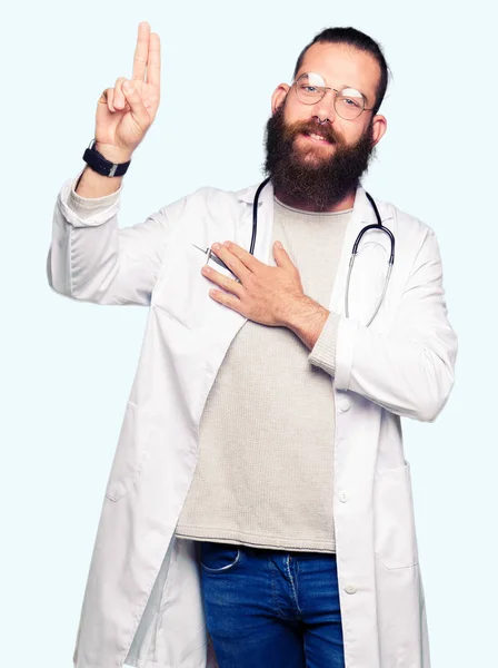 Young Blond Doctor Man Beard Wearing Medical Coat Swearing Hand — Stock Photo, Image