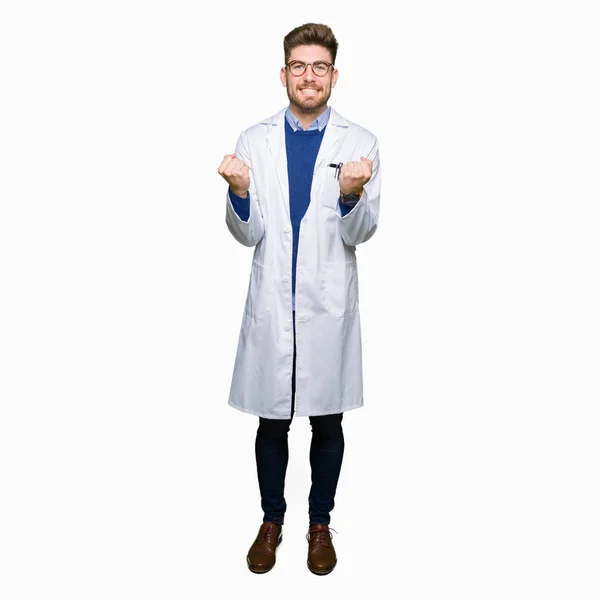 Young Handsome Scientist Man Wearing Glasses Celebrating Surprised Amazed Success — Stock Photo, Image