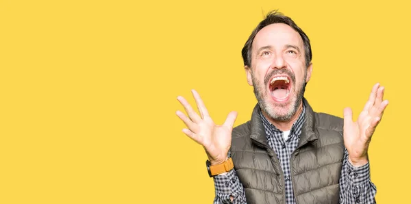 Middle Age Handsome Man Wearing Winter Vest Celebrating Crazy Amazed — Stock Photo, Image