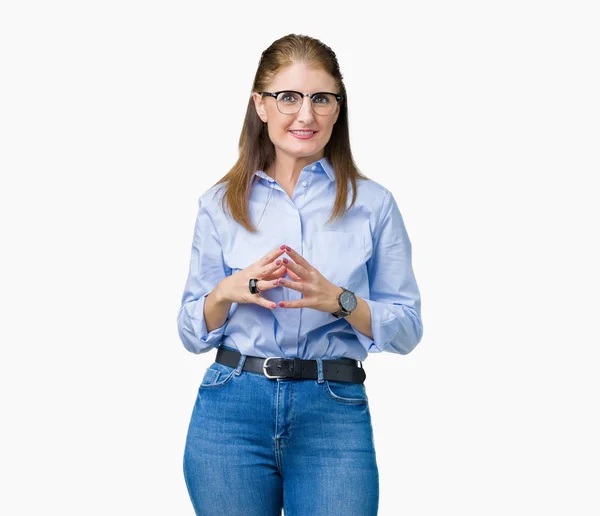 Piękne Średnim Wieku Biznes Dorosła Kobieta Okularach Białym Tle Ręce — Zdjęcie stockowe
