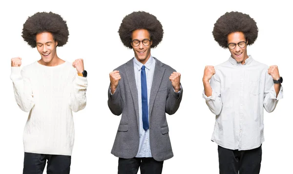 Коллаж Молодого Человека Афроволосами Белом Изолированном Фоне Счастлив Взволнован Делая — стоковое фото