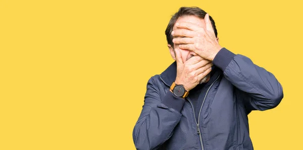 Middle Age Handsome Man Wearing Jacket Covering Eyes Mouth Hands — Stock Photo, Image