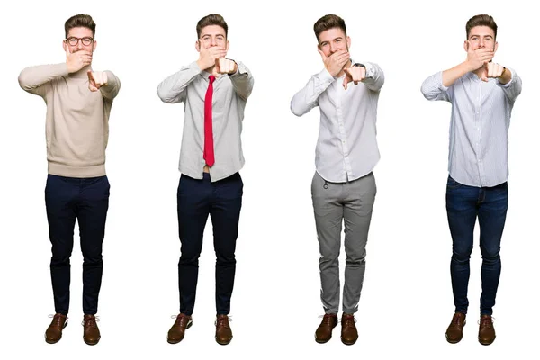 Collage Przystojnego Młodego Człowieka Biznesu Białym Białym Tle Śmiejąc Się — Zdjęcie stockowe