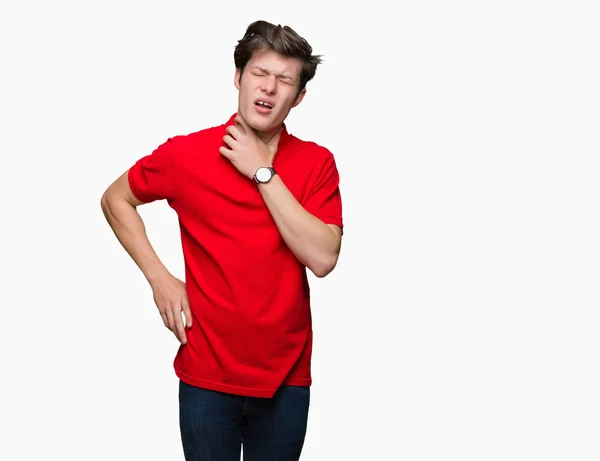 Giovane Bell Uomo Che Indossa Shirt Rossa Sfondo Isolato Toccando — Foto Stock