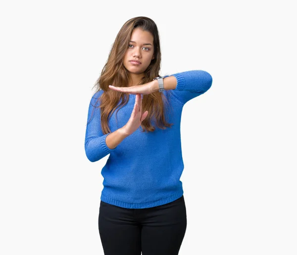 Giovane Bella Donna Bruna Che Indossa Maglione Blu Sfondo Isolato — Foto Stock