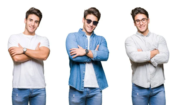 Colagem Homem Bonito Jovem Sobre Fundo Isolado Rosto Feliz Sorrindo — Fotografia de Stock