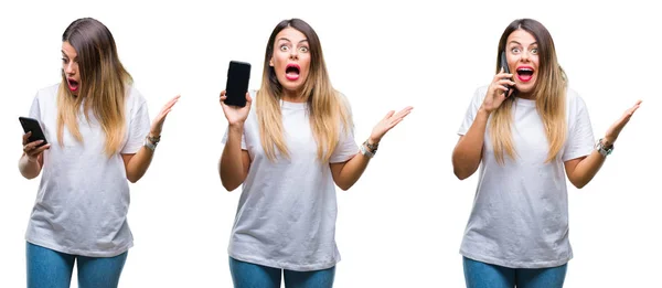 Colagem Jovem Mulher Bonita Usando Smartphone Sobre Fundo Isolado Muito — Fotografia de Stock