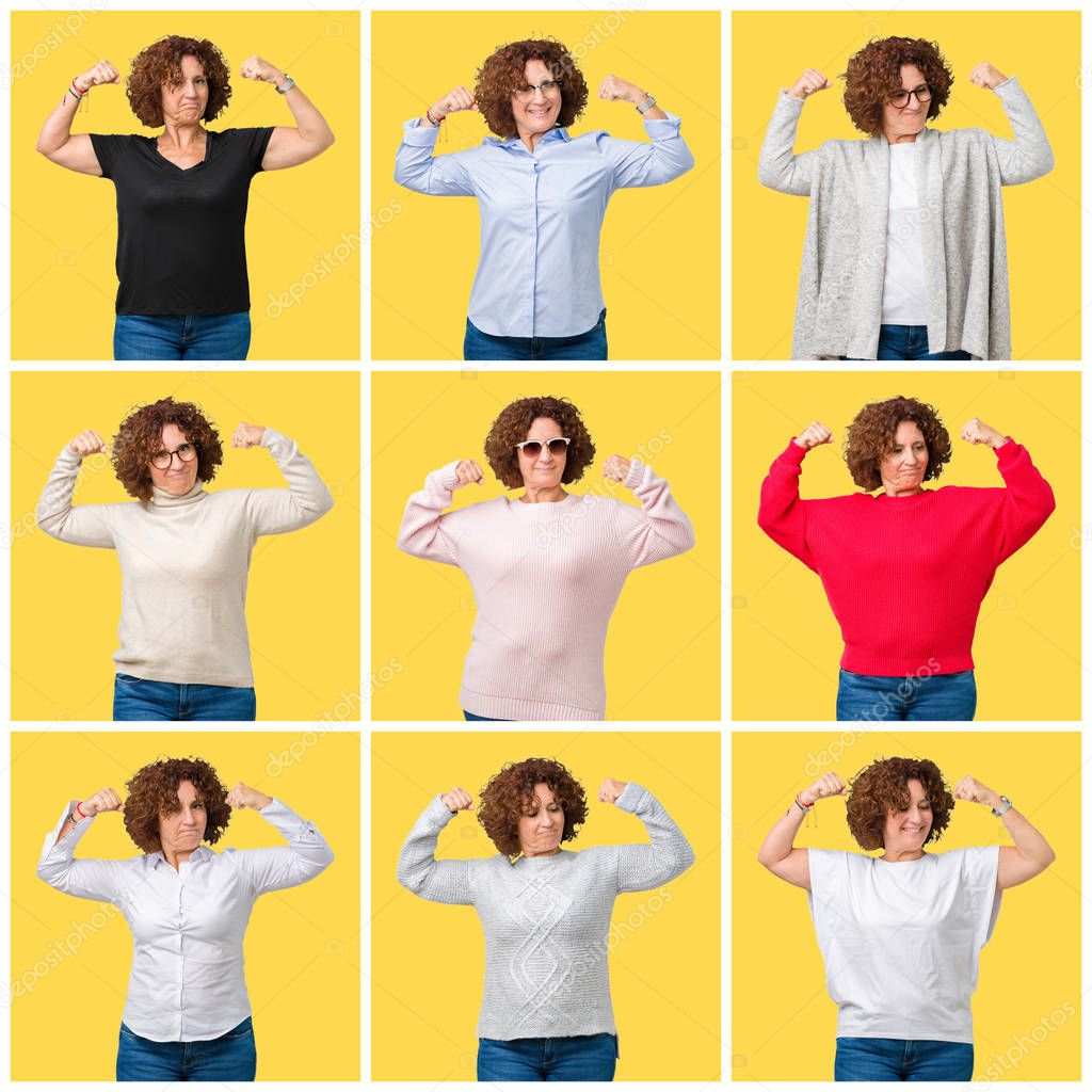 Collage of middle age senior woman over yellow isolated background showing arms muscles smiling proud. Fitness concept.
