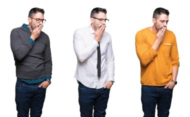 Beyaz izole arka plan üzerinde yakışıklı adam kolaj el ile yorgun kaplayan ağız esneme sıkılmış. Huzursuz ve uykululuk.