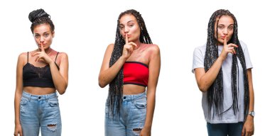 Güzel örgülü saç african Amerikan kadın kolaj dudaklar üzerinde parmak ile sessiz olmak isteyen izole arka plan üzerinde Doğum işareti ile. Sessizlik ve gizli konsept.