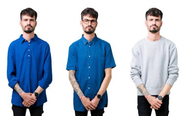 Kolaj izole arka plan üzerinde genç adam bir depresif ve kızgın ve korkmuş ağlıyor sıkıntı için endişeleniyorum. Üzgün ifade.