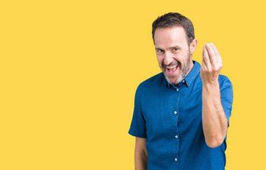 Yakışıklı orta yaş zarif komuta sizde izole arka yapıyor İtalyan üzerinde el ve parmak emin ifadeyle jest