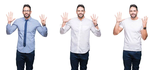 Colagem Homem Negócios Bonito Sobre Fundo Isolado Branco Mostrando Apontando — Fotografia de Stock