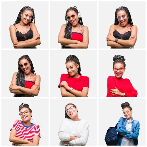Collage of beautiful braided hair african american woman over isolated background happy face smiling with crossed arms looking at the camera. Positive person.