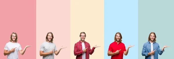 Collage Von Jungen Gutaussehenden Mann Über Bunten Streifen Isolierten Hintergrund — Stockfoto