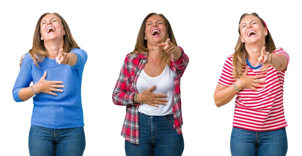 Collage Beautiful Middle Age Woman Isolated Background Laughing You Pointing — Stock Photo, Image