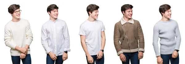 Collage Jeune Homme Sur Fond Blanc Isolé Regardant Côté Avec — Photo