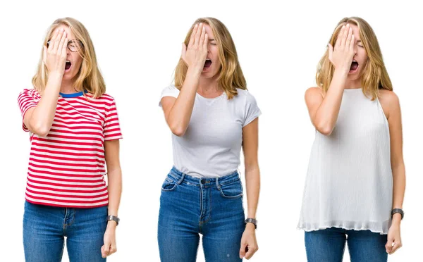 Collage Einer Schönen Blonden Frau Vor Weißem Isoliertem Hintergrund Die — Stockfoto