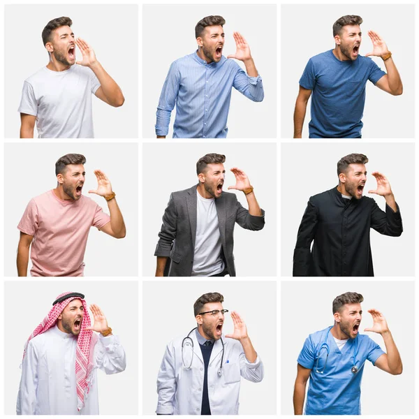 Koláž Mladého Lékaře Arabský Byznys Muže Pozadí Vykřikuje Křičí Hlasitě — Stock fotografie