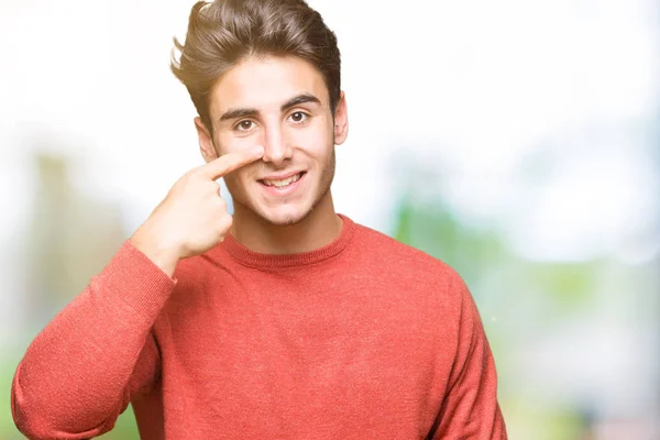 Zole Genç Yakışıklı Adam Arka Plan Işaretçi Parmak Yüz Burun — Stok fotoğraf