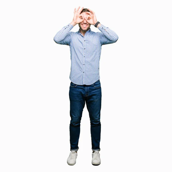 Handsome Business Man Blue Eyes Doing Gesture Binoculars Sticking Tongue — Stock Photo, Image