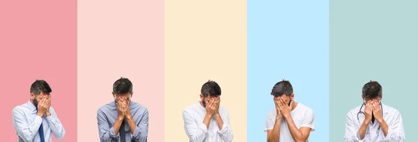 Colagem Homem Bonito Sobre Listras Coloridas Fundo Isolado Com Expressão — Fotografia de Stock