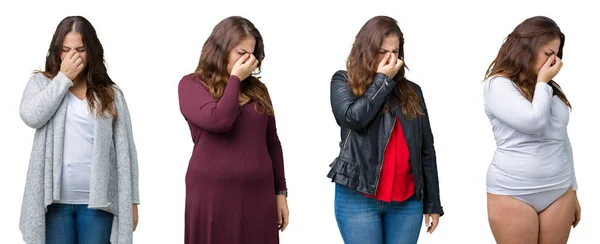 Collage Hermosa Mujer Tamaño Grande Sobre Fondo Aislado Cansado Frotando — Foto de Stock