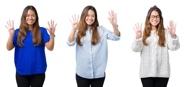 Collage Hermosa Joven Sobre Fondo Aislado Mostrando Apuntando Hacia Arriba —  Fotos de Stock