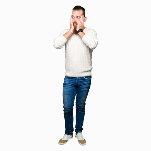 Young Hipster Man Wearing Winter Sweater Tired Hands Covering Face — Stock Photo, Image