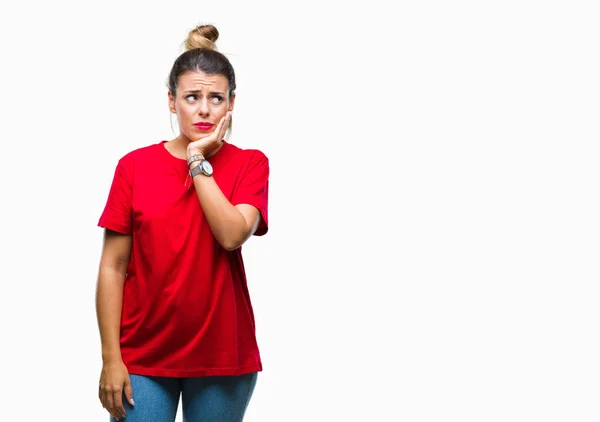 Mooie Jongedame Geïsoleerde Achtergrond Denken Zoek Moe Verveeld Met Depressie — Stockfoto