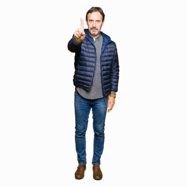 Middle Age Handsome Man Wearing Winter Coat Pointing Finger Angry — Stock Photo, Image