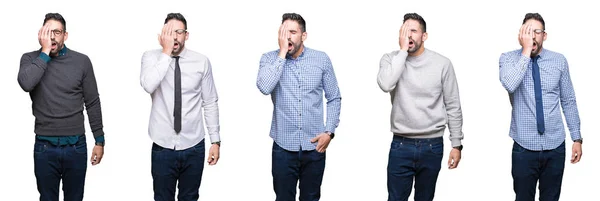 Collage Hombre Negocios Guapo Sobre Fondo Blanco Aislado Bostezando Cansado —  Fotos de Stock
