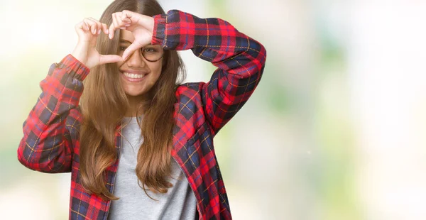 Young Beautiful Brunette Woman Wearing Jacket Glasses Isolated Background Doing — Stock Photo, Image